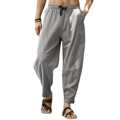 Pantaloni harem din bumbac, in, pentru bărbați, cu talie elastică solidă, pantaloni de jogging, pantaloni largi, cu crotch, pantaloni casual bărbați, 2023