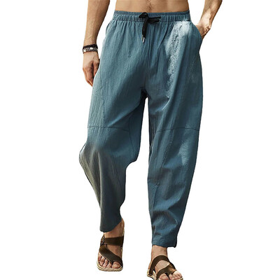 Pantaloni harem din bumbac, in, pentru bărbați, cu talie elastică solidă, pantaloni de jogging, pantaloni largi, cu crotch, pantaloni casual bărbați, 2023