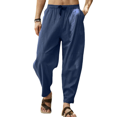 Pantaloni harem din bumbac, in, pentru bărbați, cu talie elastică solidă, pantaloni de jogging, pantaloni largi, cu crotch, pantaloni casual bărbați, 2023