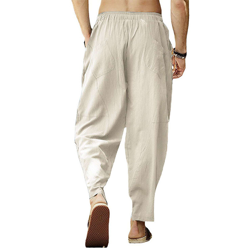 Pantaloni harem din bumbac, in, pentru bărbați, cu talie elastică solidă, pantaloni de jogging, pantaloni largi, cu crotch, pantaloni casual bărbați, 2023