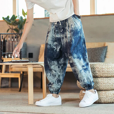 Έντυπο ανδρικό φαρδύ παντελόνι Harem Hip hop Joggers Causal Loose Παντελόνι Βαμβακερό λινό παντελόνι με φαρδύ καβάλο