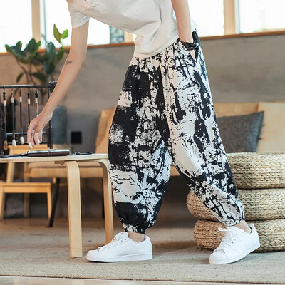 Έντυπο ανδρικό φαρδύ παντελόνι Harem Hip hop Joggers Causal Loose Παντελόνι Βαμβακερό λινό παντελόνι με φαρδύ καβάλο