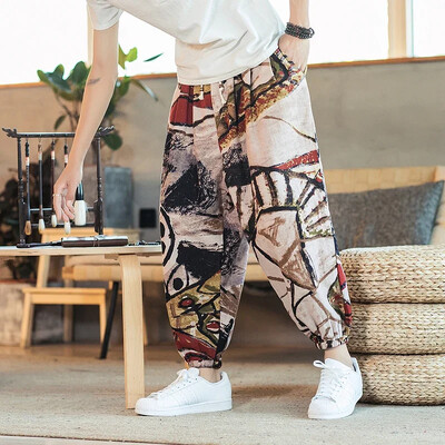 Έντυπο ανδρικό φαρδύ παντελόνι Harem Hip hop Joggers Causal Loose Παντελόνι Βαμβακερό λινό παντελόνι με φαρδύ καβάλο