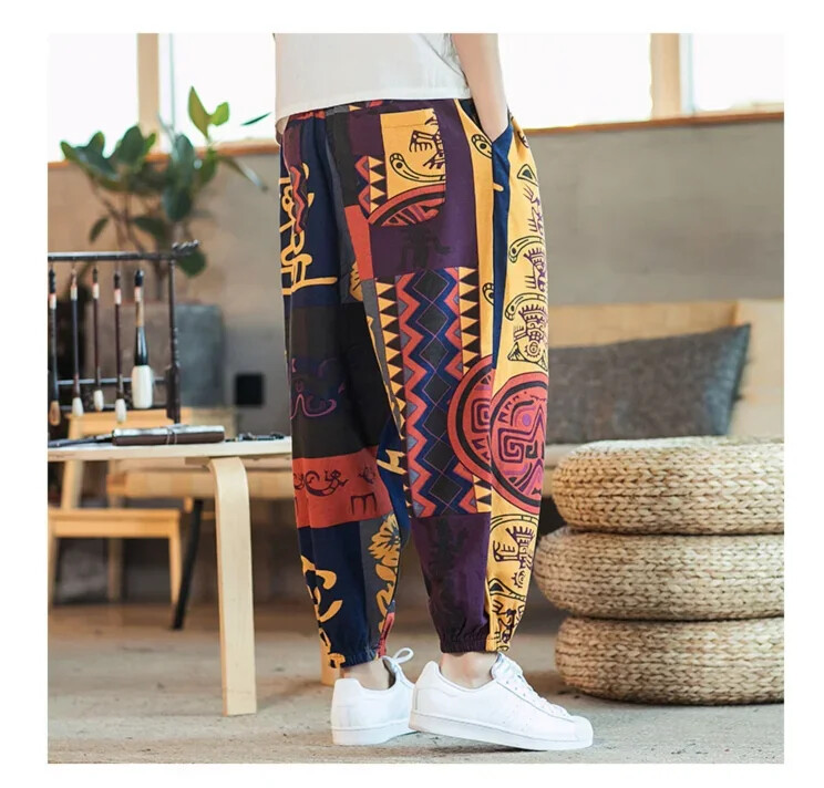 Έντυπο ανδρικό φαρδύ παντελόνι Harem Hip hop Joggers Causal Loose Παντελόνι Βαμβακερό λινό παντελόνι με φαρδύ καβάλο