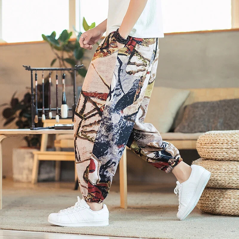 Έντυπο ανδρικό φαρδύ παντελόνι Harem Hip hop Joggers Causal Loose Παντελόνι Βαμβακερό λινό παντελόνι με φαρδύ καβάλο