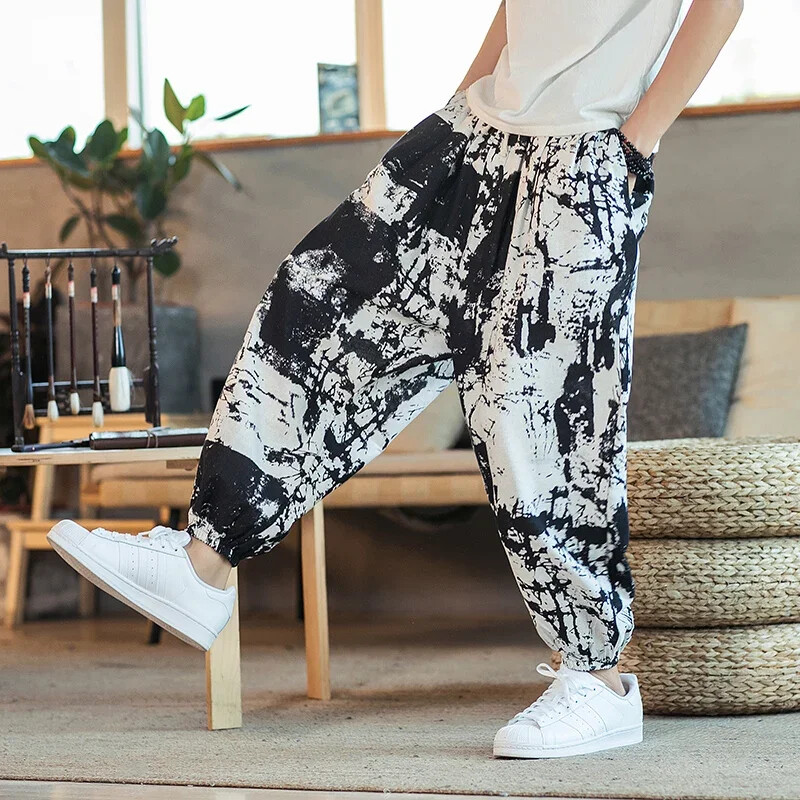 Έντυπο ανδρικό φαρδύ παντελόνι Harem Hip hop Joggers Causal Loose Παντελόνι Βαμβακερό λινό παντελόνι με φαρδύ καβάλο