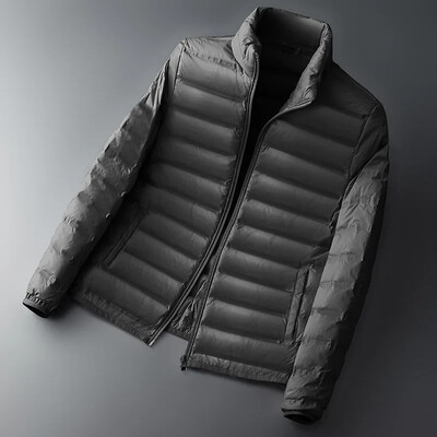 Pánska ľahká páperová bunda skrátená, teplá, stojatý golier, jednofarebný biely kabát z kačacieho páperia, párová bunda pre mužov