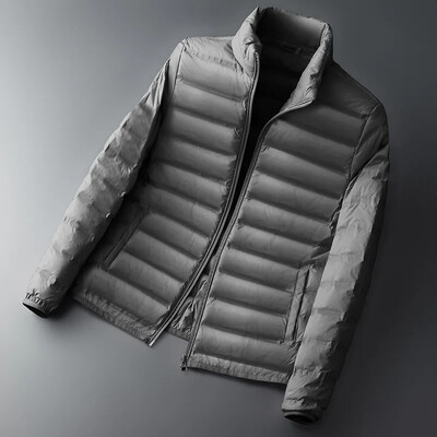 Pánska ľahká páperová bunda skrátená, teplá, stojatý golier, jednofarebný biely kabát z kačacieho páperia, párová bunda pre mužov