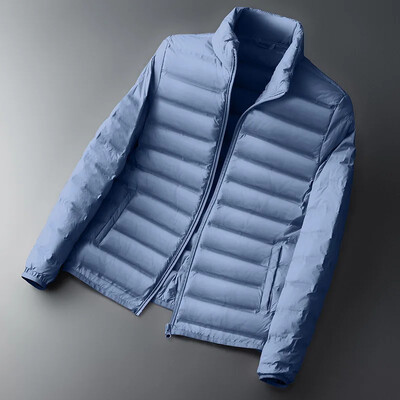 Pánska ľahká páperová bunda skrátená, teplá, stojatý golier, jednofarebný biely kabát z kačacieho páperia, párová bunda pre mužov