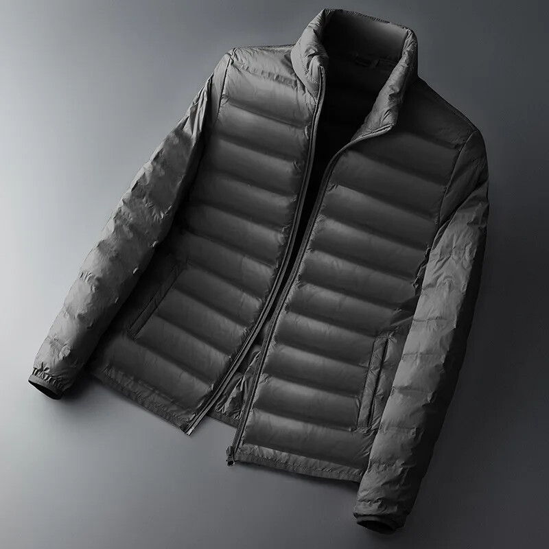 Pánska ľahká páperová bunda skrátená, teplá, stojatý golier, jednofarebný biely kabát z kačacieho páperia, párová bunda pre mužov