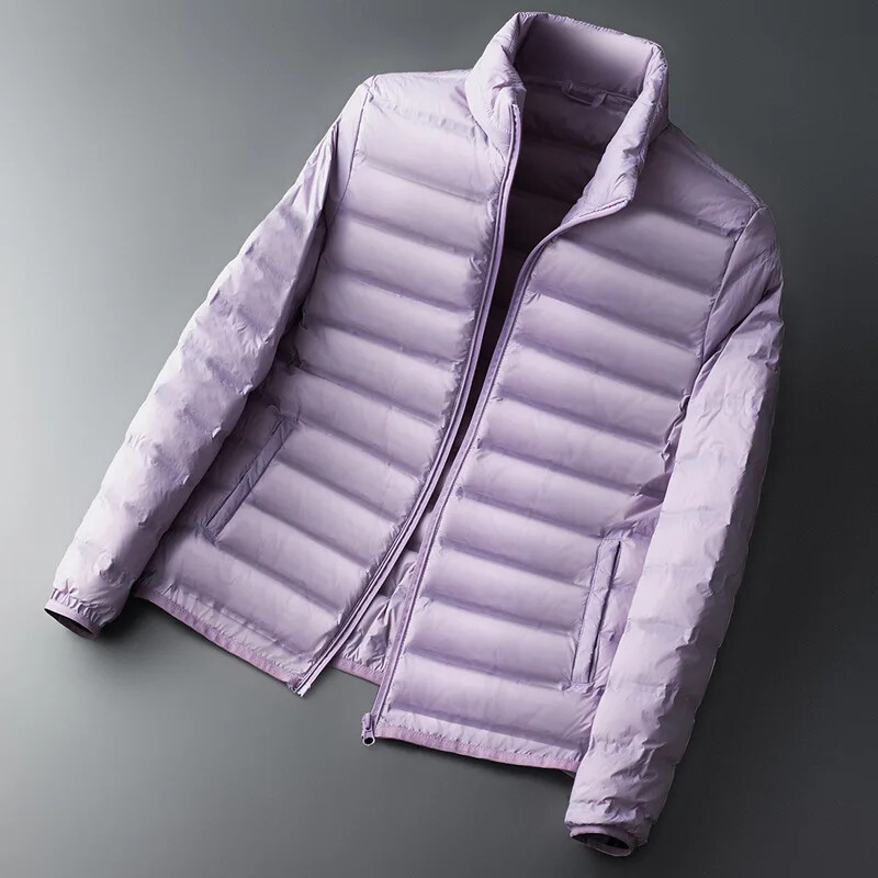 Pánska ľahká páperová bunda skrátená, teplá, stojatý golier, jednofarebný biely kabát z kačacieho páperia, párová bunda pre mužov