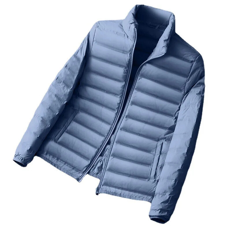 Pánska ľahká páperová bunda skrátená, teplá, stojatý golier, jednofarebný biely kabát z kačacieho páperia, párová bunda pre mužov