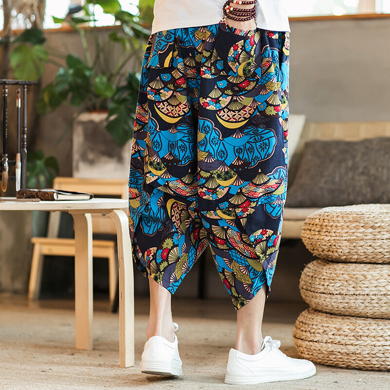 Pánske letné voľné nohavice Harajuku s potlačou po lýtka, ležérne nohavice s širokými nohavicami a vreckovitými nohavicami, nadrozmerné pánske plážové nohavice