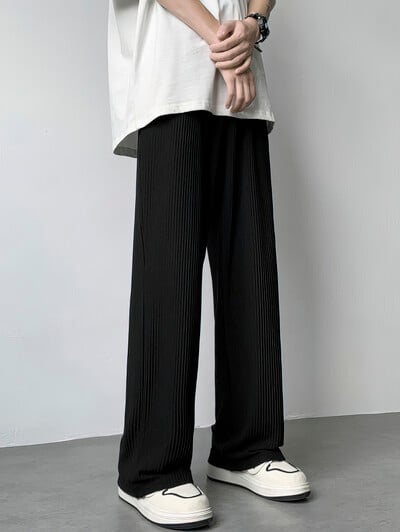 Letné rovné ľadovo hodvábne ležérne nohavice pánske s vysokým pásom, skladané dlhé nohavice, tenké športové široké nohavice, pánske vrecovité nohavice