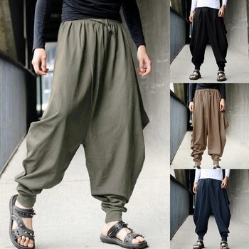 Мъжки панталони Harem Baggy Pants Men Hakama Lenen Ежедневни широки мъжки панталони Японски панталони Мъжки панталони с кръстосани панталони Панталони с чатала Панталон