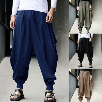 Мъжки панталони Harem Baggy Pants Men Hakama Lenen Ежедневни широки мъжки панталони Японски панталони Мъжки панталони с кръстосани панталони Панталони с чатала Панталон