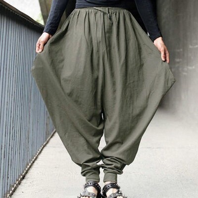 Мъжки панталони Harem Baggy Pants Men Hakama Lenen Ежедневни широки мъжки панталони Японски панталони Мъжки панталони с кръстосани панталони Панталони с чатала Панталон