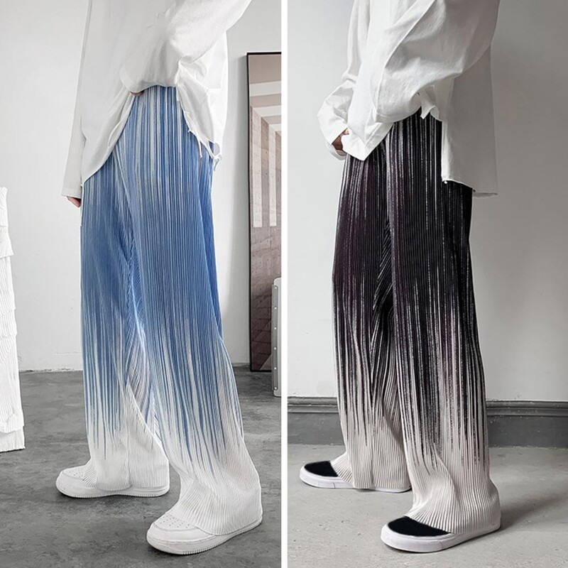 Pantaloni pentru bărbați Culoare degradată Pantaloni în dungi de primăvară-vară, largi, largi, cu talie elastică, Pantaloni pentru bărbați în stil coreean, pantaloni lați pentru bărbați