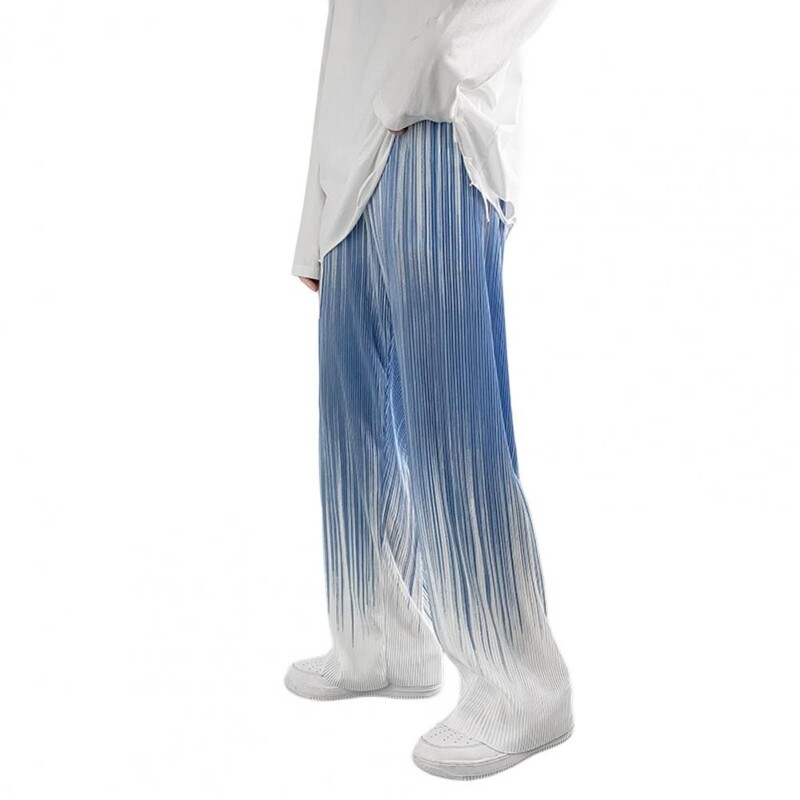 Pantaloni pentru bărbați Culoare degradată Pantaloni în dungi de primăvară-vară, largi, largi, cu talie elastică, Pantaloni pentru bărbați în stil coreean, pantaloni lați pentru bărbați