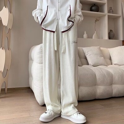 Pantaloni casual din mătase de gheață pentru bărbați Pantaloni de trening largi, ușori, albi, drepti, de in, pentru bărbați, vară, elastic pentru drumeții