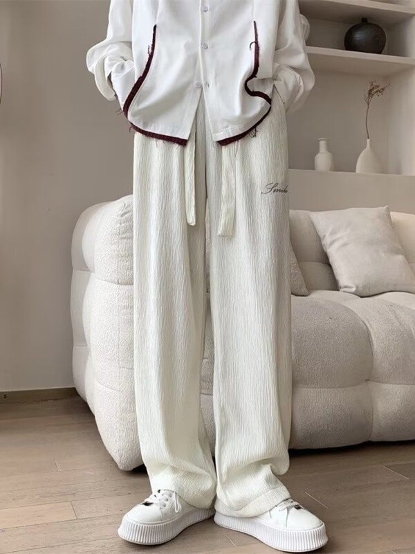 Pantaloni casual din mătase de gheață pentru bărbați Pantaloni de trening largi, ușori, albi, drepti, de in, pentru bărbați, vară, elastic pentru drumeții