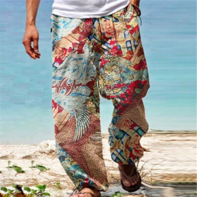 Vīriešu ikdienas somainās harēma bikses elastīgas jostasvietas pludmales brīvas, platas hipiju bikses