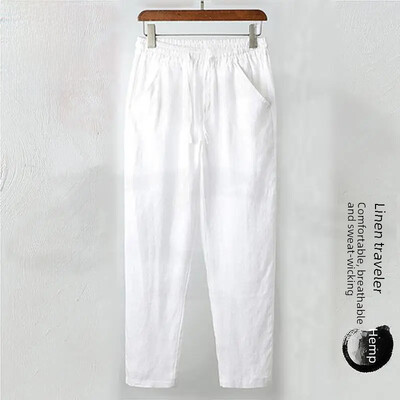 Pantaloni tăiați de in, slim, pentru bărbați, pantaloni albi, cu picioare drepte, lejer, amestec de lenjerie de vară, bumbac, pentru tații de vârstă mijlocie