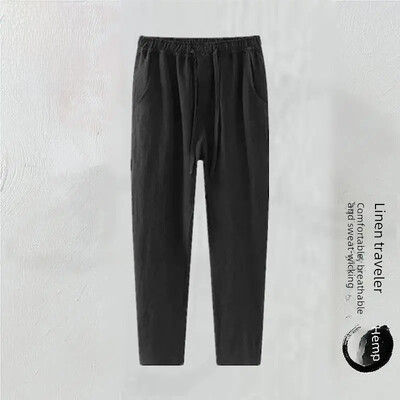 Pantaloni tăiați de in, slim, pentru bărbați, pantaloni albi, cu picioare drepte, lejer, amestec de lenjerie de vară, bumbac, pentru tații de vârstă mijlocie