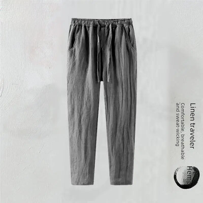 Pantaloni tăiați de in, slim, pentru bărbați, pantaloni albi, cu picioare drepte, lejer, amestec de lenjerie de vară, bumbac, pentru tații de vârstă mijlocie