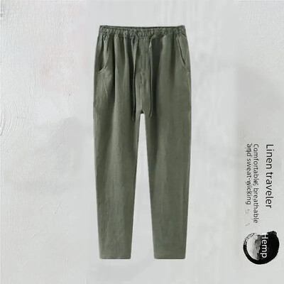 Pantaloni tăiați de in, slim, pentru bărbați, pantaloni albi, cu picioare drepte, lejer, amestec de lenjerie de vară, bumbac, pentru tații de vârstă mijlocie