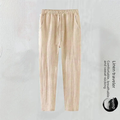 Pantaloni tăiați de in, slim, pentru bărbați, pantaloni albi, cu picioare drepte, lejer, amestec de lenjerie de vară, bumbac, pentru tații de vârstă mijlocie