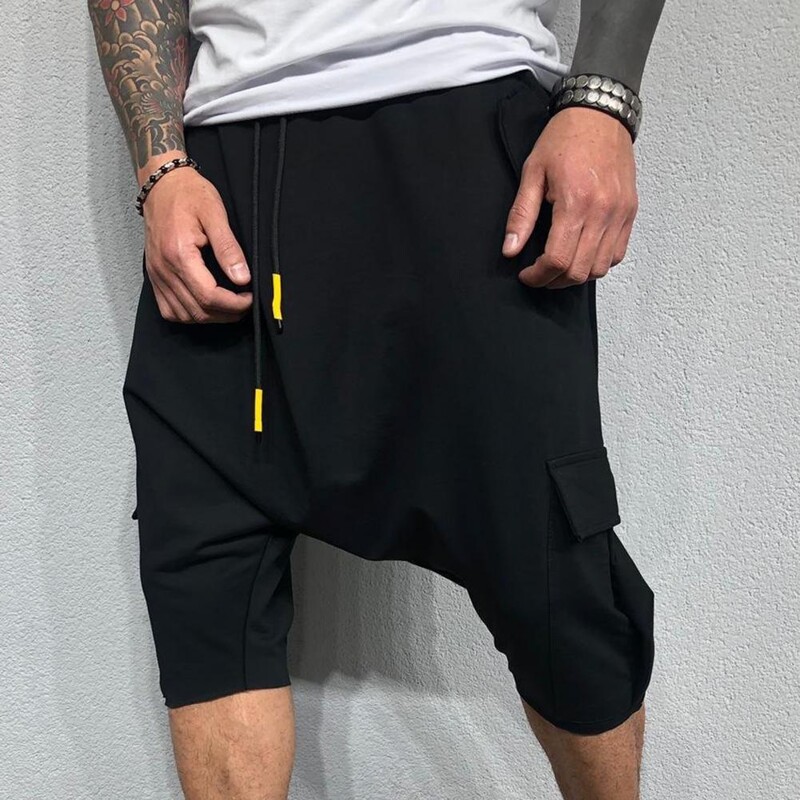 Bavlnené nízke rozkrokové hip hopové pánske nohavice Baggy Harem nohavice Mäkké sťahovacie šnúrky Jednofarebné ležérne voľné nohavice Orezané nohavice