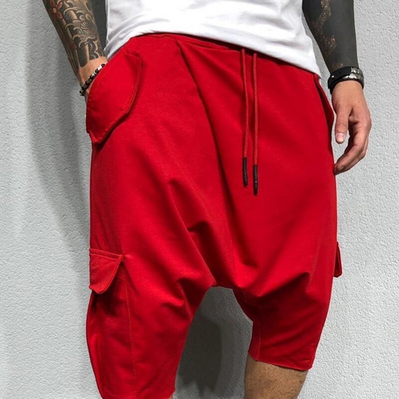 Bavlnené nízke rozkrokové hip hopové pánske nohavice Baggy Harem nohavice Mäkké sťahovacie šnúrky Jednofarebné ležérne voľné nohavice Orezané nohavice