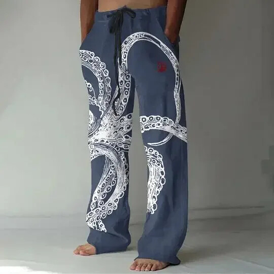 Reducere transfrontalieră fierbinte, noi de primăvară și toamnă, subțiri, cu imprimeu 3D, pentru bărbați, de dimensiuni mari, pantaloni largi casual, cu picioare drepte, pantaloni largi