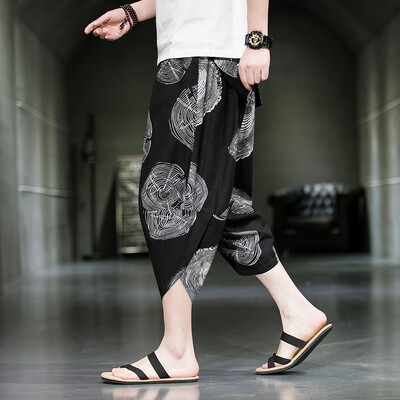 2023. gada vasara Harajuku Ikdienišķas bikses ar teļu garumu Vīriešu bikses ar platām kājām Kokvilnas lina apdruka Harēma bikses Vīriešu apģērbi Modes Baggy