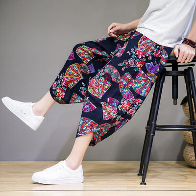 2023. gada vasara Harajuku Ikdienišķas bikses ar teļu garumu Vīriešu bikses ar platām kājām Kokvilnas lina apdruka Harēma bikses Vīriešu apģērbi Modes Baggy