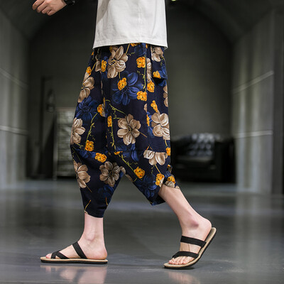 2023. gada vasara Harajuku Ikdienišķas bikses ar teļu garumu Vīriešu bikses ar platām kājām Kokvilnas lina apdruka Harēma bikses Vīriešu apģērbi Modes Baggy