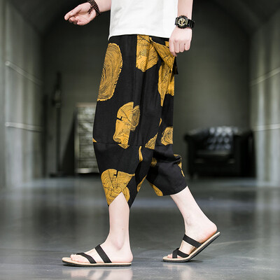 2023. gada vasara Harajuku Ikdienišķas bikses ar teļu garumu Vīriešu bikses ar platām kājām Kokvilnas lina apdruka Harēma bikses Vīriešu apģērbi Modes Baggy