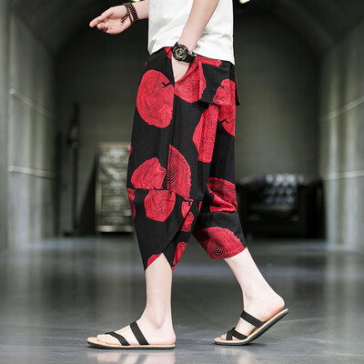 2023. gada vasara Harajuku Ikdienišķas bikses ar teļu garumu Vīriešu bikses ar platām kājām Kokvilnas lina apdruka Harēma bikses Vīriešu apģērbi Modes Baggy