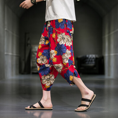 2023. gada vasara Harajuku Ikdienišķas bikses ar teļu garumu Vīriešu bikses ar platām kājām Kokvilnas lina apdruka Harēma bikses Vīriešu apģērbi Modes Baggy