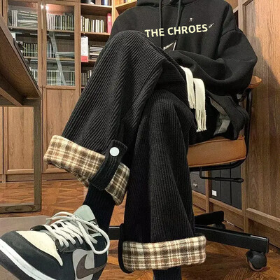 Pánske nohavice v japonskom štýle s kockovaným vzorom, široké, rovné, voľné, vintage, ležérne, na jeseň