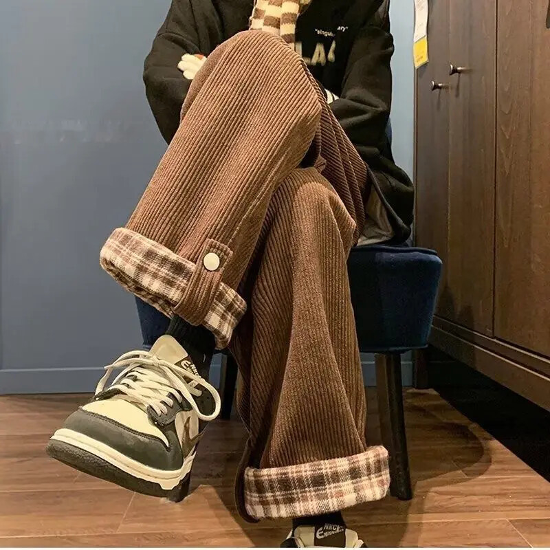 Pánske nohavice v japonskom štýle s kockovaným vzorom, široké, rovné, voľné, vintage, ležérne, na jeseň