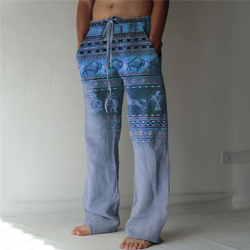 Pantaloni largi pentru bărbați, retro, de vară, pantaloni largi, la modă, imprimați 3D, pantaloni hawaiani largi de plajă
