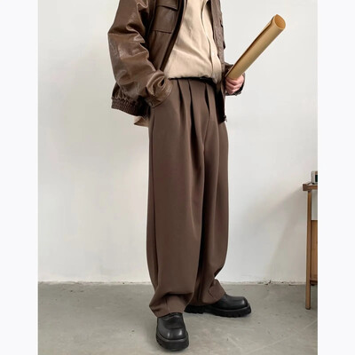 Vintage stila brūnas vīriešu bikses brīvi pieguļošas, taisnas kājas ar zvana apakšas ikdienišķas bikses Modernas pavasara rudens amerikāņu stila drapētas