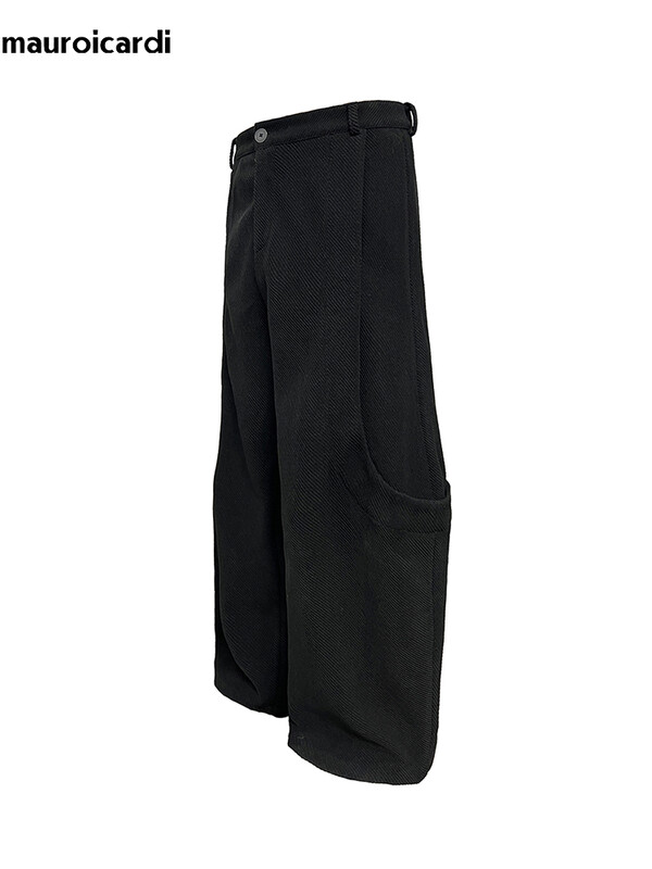 Mauroicardi Jarné jesenné štýlové elegantné dlhé voľné ležérne vrecovité čierne nohavice so širokými nohavicami pre mužov, luxusné dizajnérske emo oblečenie 2024