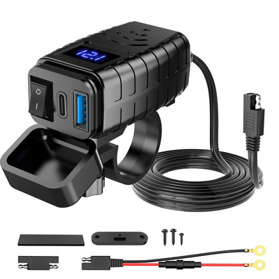 Încărcător rapid USB pentru motociclete Extractme Priză impermeabilă cu priză de tip C QC3.0 Încărcător pentru telefon moto cu voltmetru și comutator