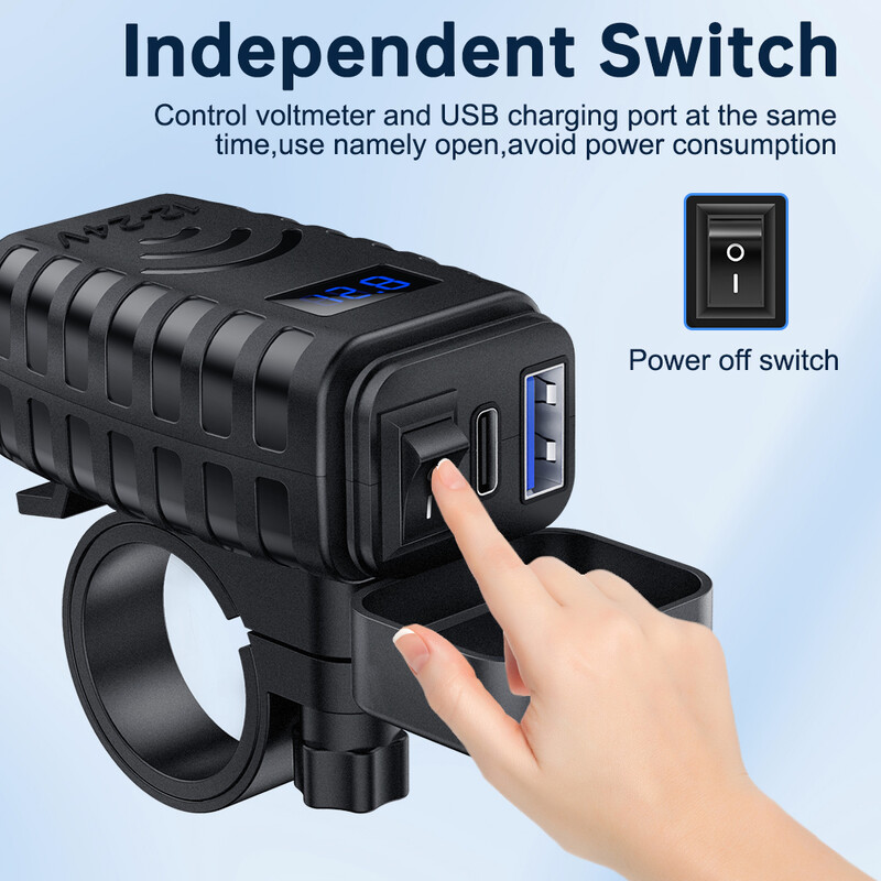 Încărcător rapid USB pentru motociclete Extractme Priză impermeabilă cu priză de tip C QC3.0 Încărcător pentru telefon moto cu voltmetru și comutator