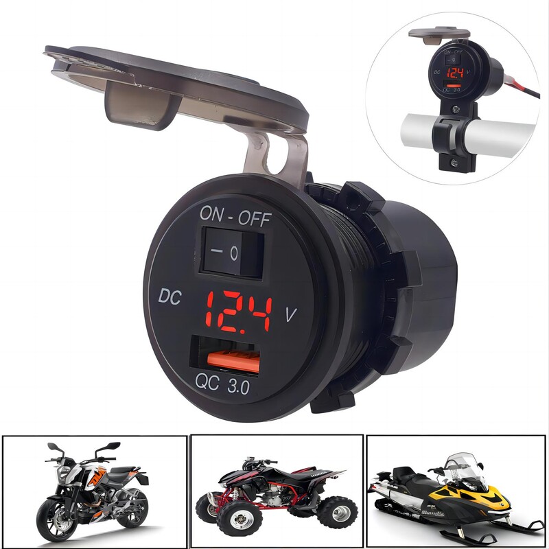 Voltmetru USB pentru motocicletă, încărcător rapid cu comutator, priză impermeabilă, priză pentru telefon mobil, pentru priză de motociclete