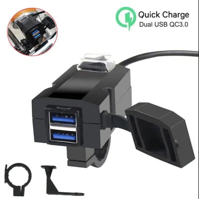 QC3.0 Мотоциклетно зарядно Водоустойчив USB адаптер Мобилен телефон Двойно USB бързо зарядно устройство с превключвател Монтажна скоба на кормилото