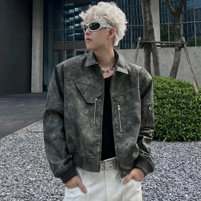 Muška skraćena jakna od PU kože, modna spuštena ovratnica, retro kaput s patentnim zatvaračem, muška odjeća za motocikle, proljetno ružičasta